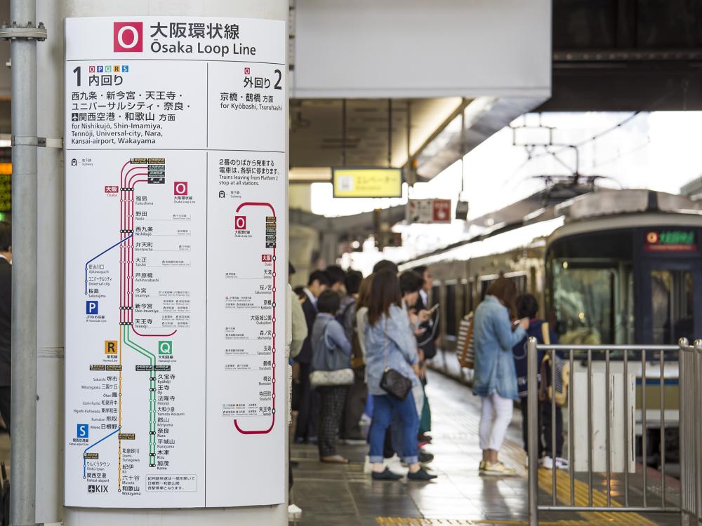 大阪駅環状線ホームの停車駅案内